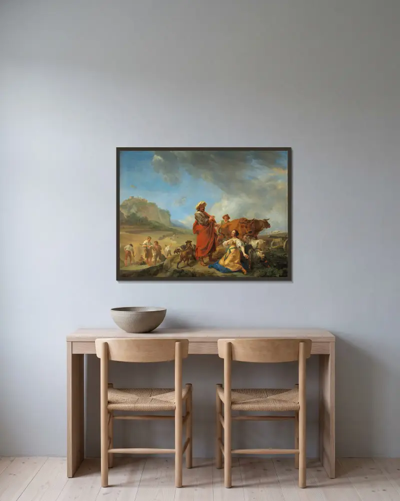 Rut och Boas av Nicolaes Pietersz. Berchem inramad på en vägg