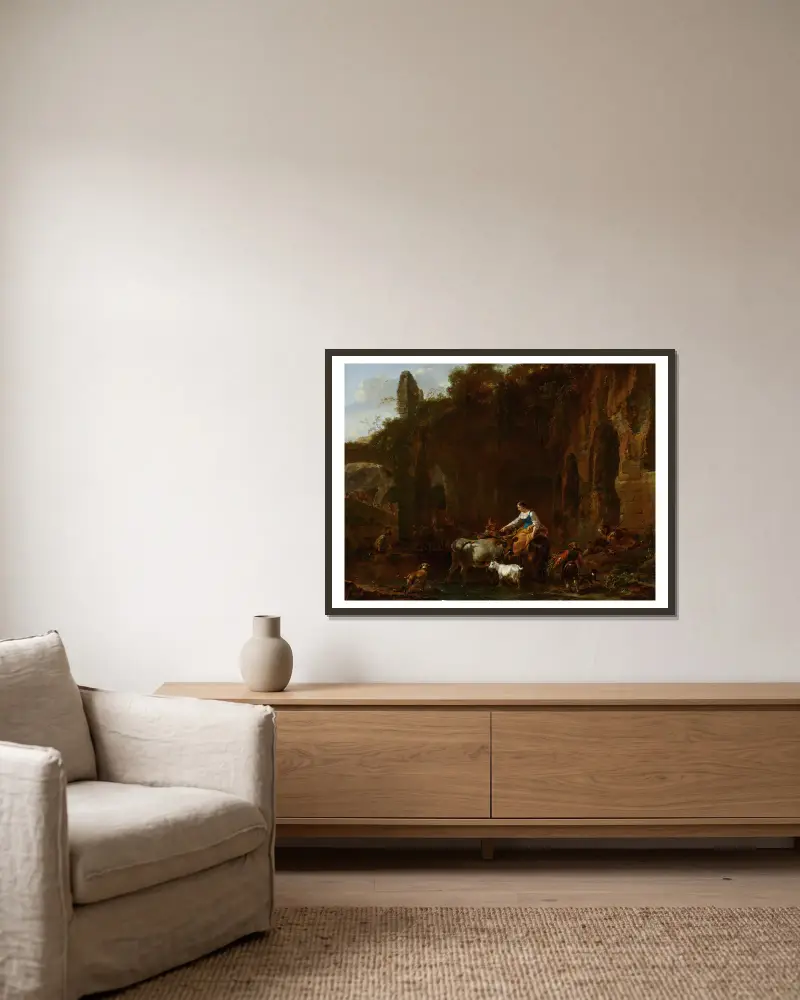 Herder vid romerska ruiner av Nicolaes Pietersz. Berchem inramad på en vägg