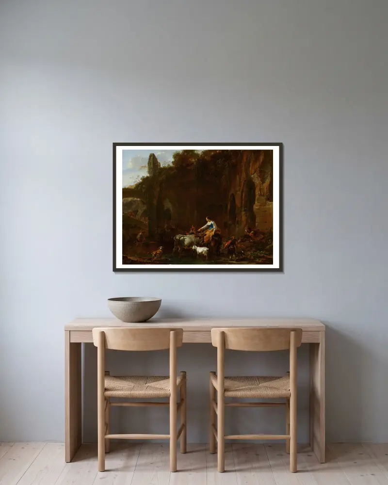 Herder vid romerska ruiner av Nicolaes Pietersz. Berchem inramad på en vägg