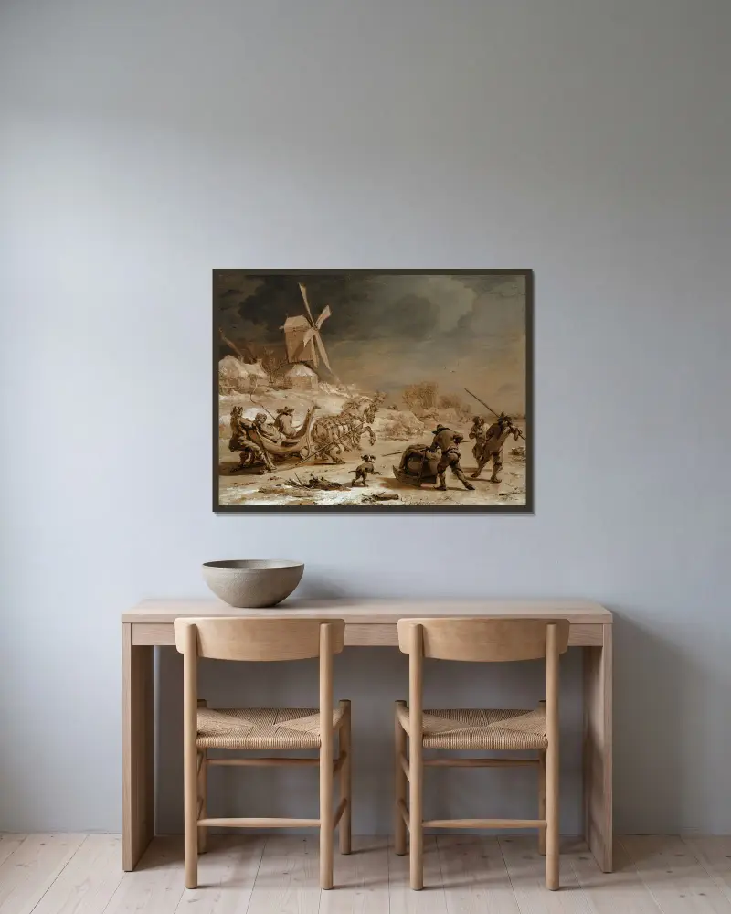 Schlittenfahrt von Nicolaes Pietersz. Berchem gerahmt an einer Wand