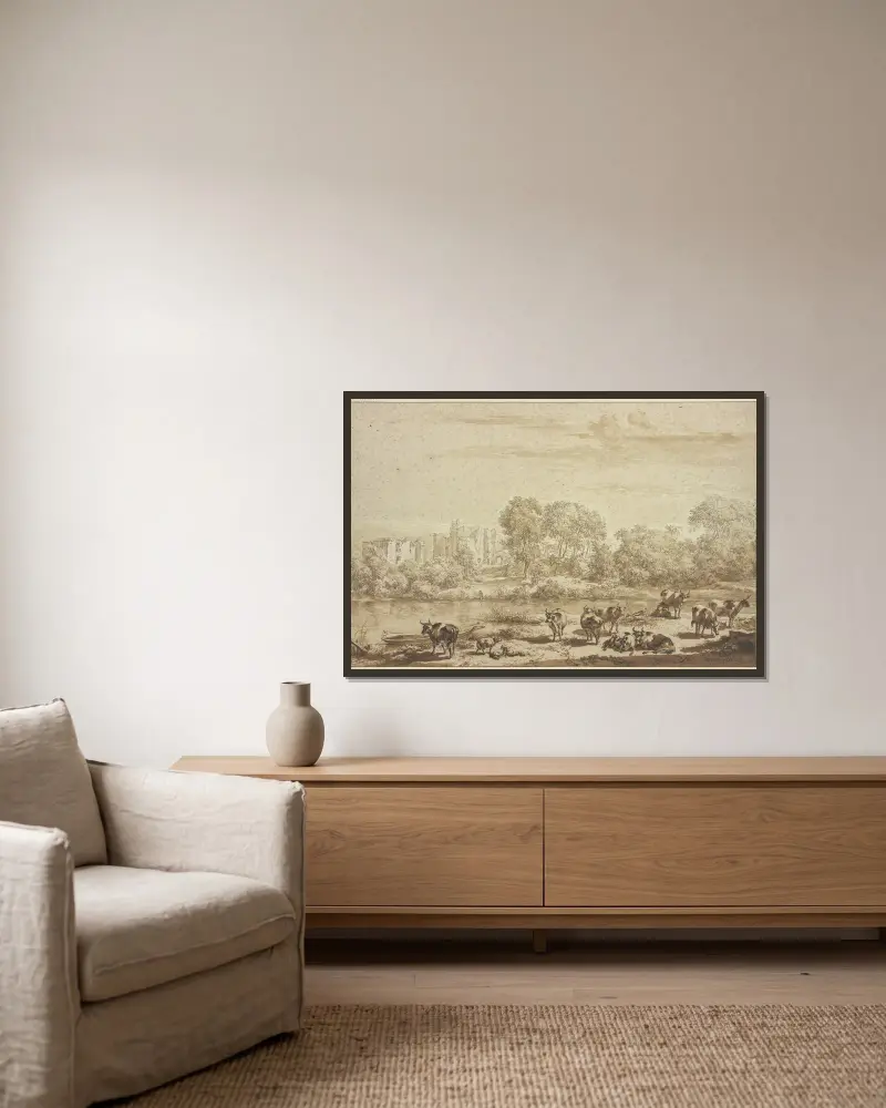Huset Brederode, framtill en kohjord med mjölkerska av Nicolaes Pietersz. Berchem inramad på en vägg
