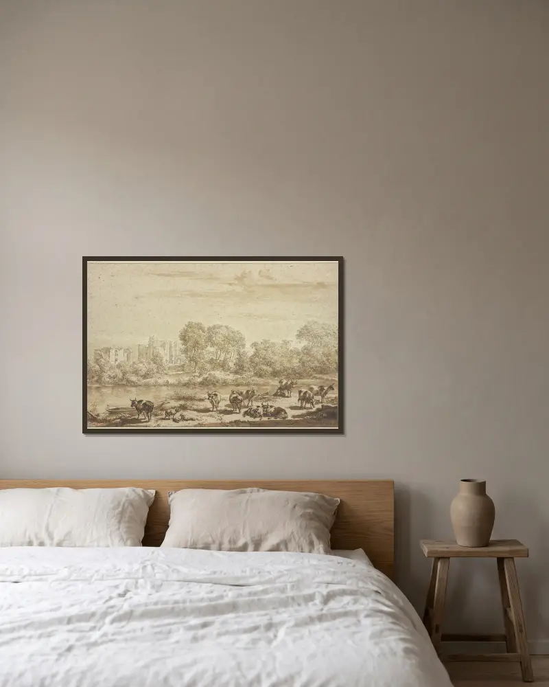 Huset Brederode, framtill en kohjord med mjölkerska av Nicolaes Pietersz. Berchem inramad på en vägg