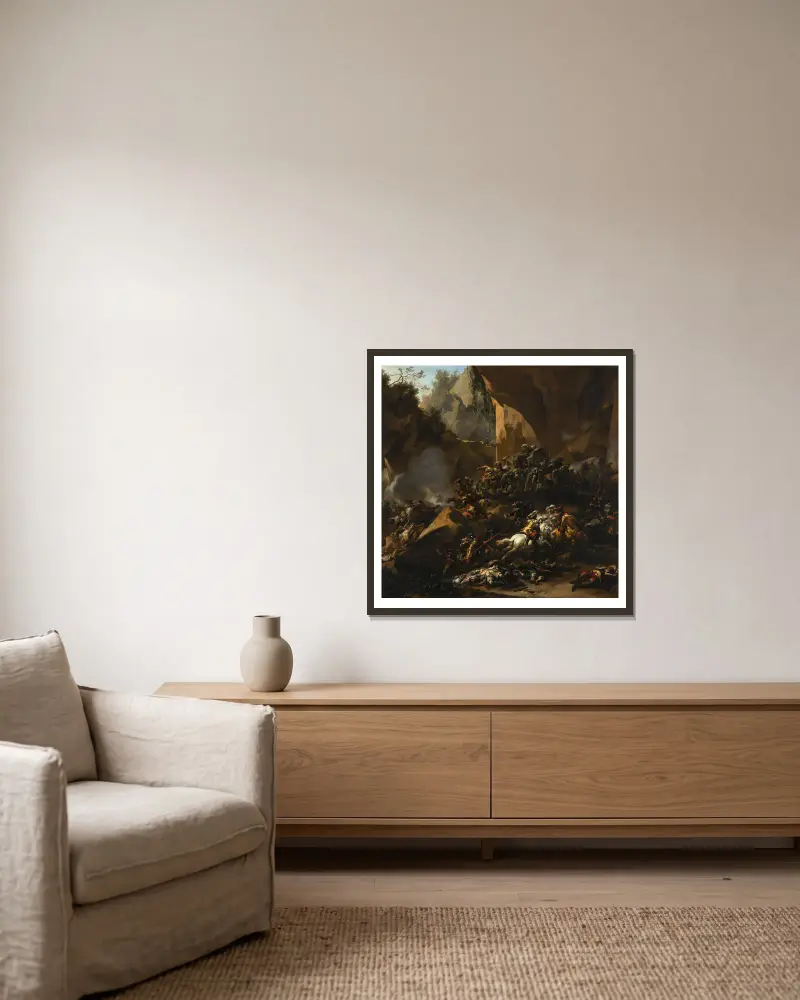 Resenärer överfallna av rövare av Nicolaes Pietersz. Berchem inramad på en vägg