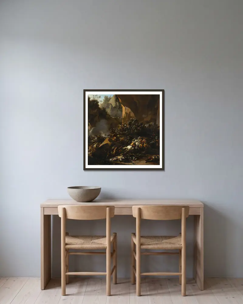 Resenärer överfallna av rövare av Nicolaes Pietersz. Berchem inramad på en vägg