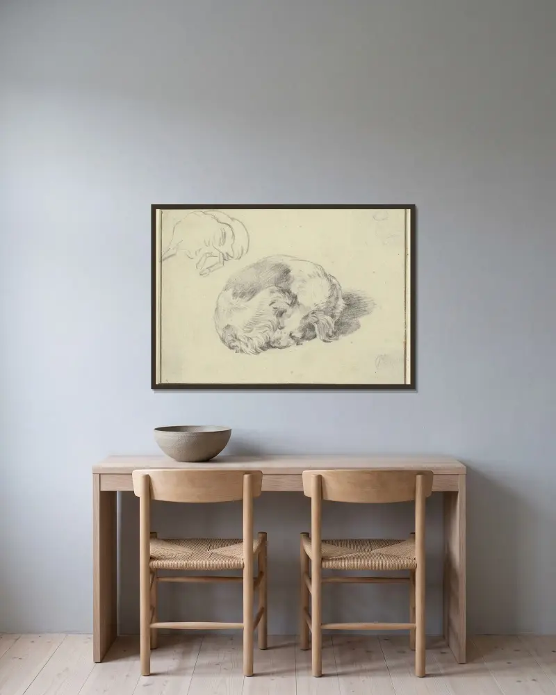 Zwei schlafende Hunde von Nicolaes Pietersz. Berchem gerahmt an einer Wand