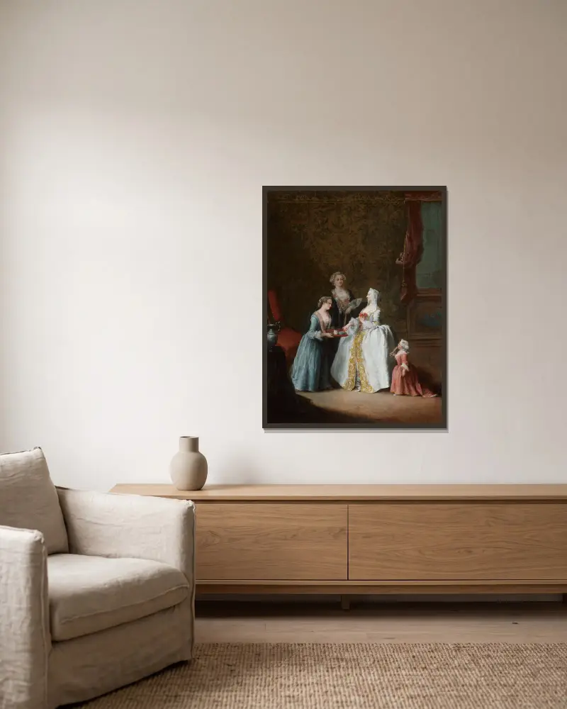 Dame bei ihrer Toilette von Pietro Longhi gerahmt an einer Wand