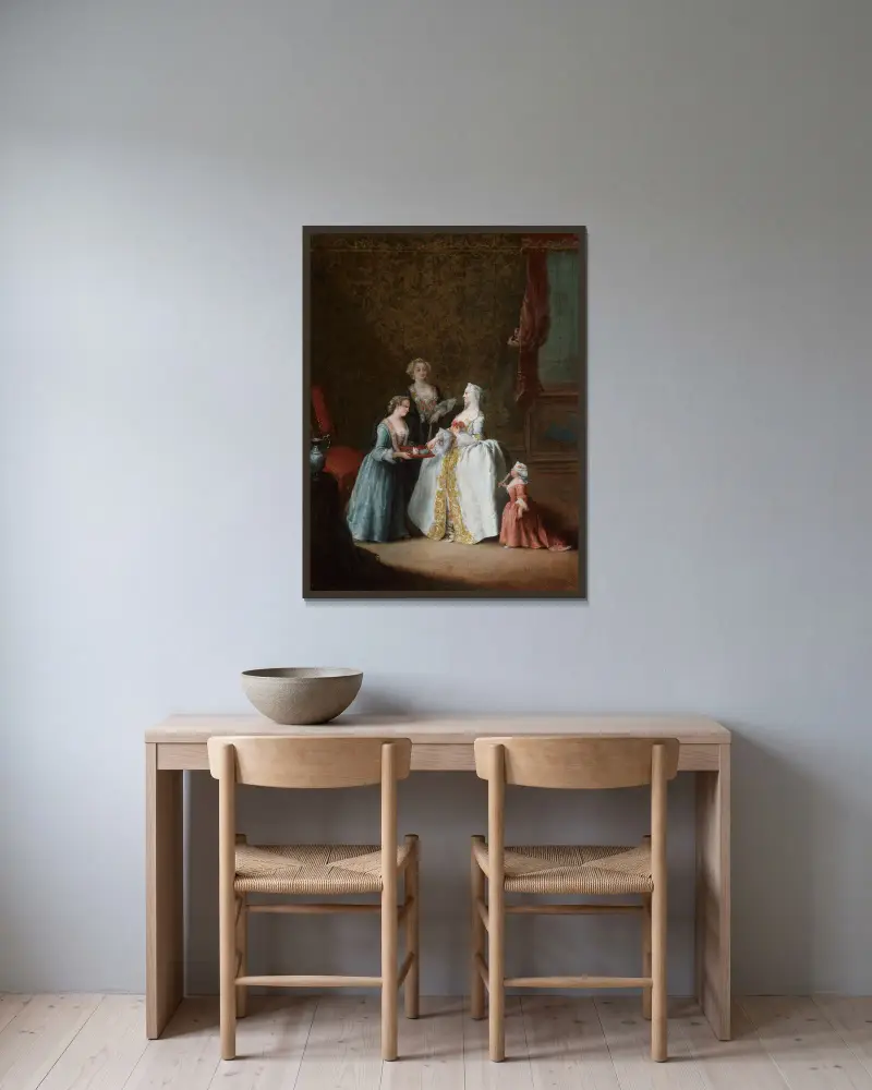 Dame bei ihrer Toilette von Pietro Longhi gerahmt an einer Wand