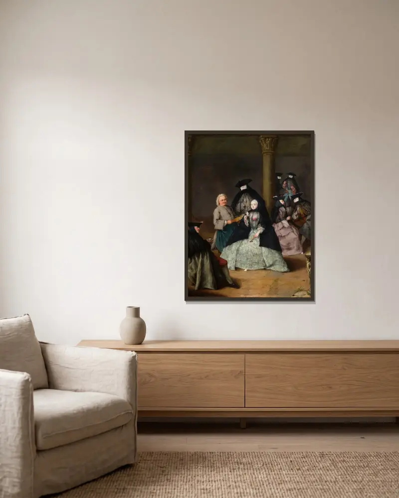 Maskeradfest på en innergård av Pietro Longhi inramad på en vägg