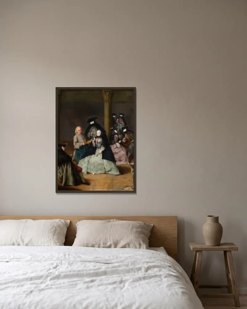 Maskeradfest på en innergård av Pietro Longhi inramad på en vägg