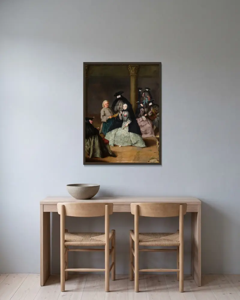 Maskeradfest på en innergård av Pietro Longhi inramad på en vägg