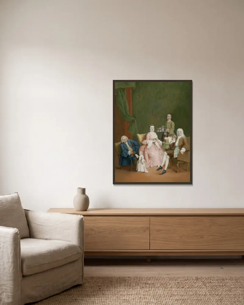 Porträtt av en venetiansk familj med tjänare som serverar kaffe av Pietro Longhi inramad på en vägg