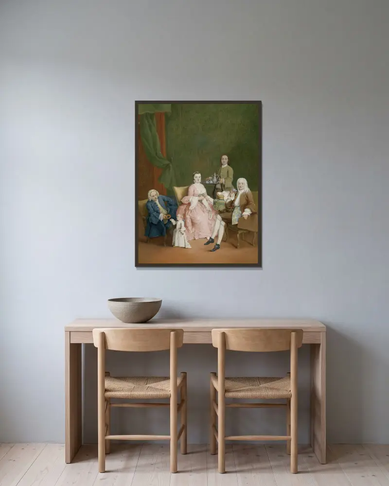 Porträtt av en venetiansk familj med tjänare som serverar kaffe av Pietro Longhi inramad på en vägg