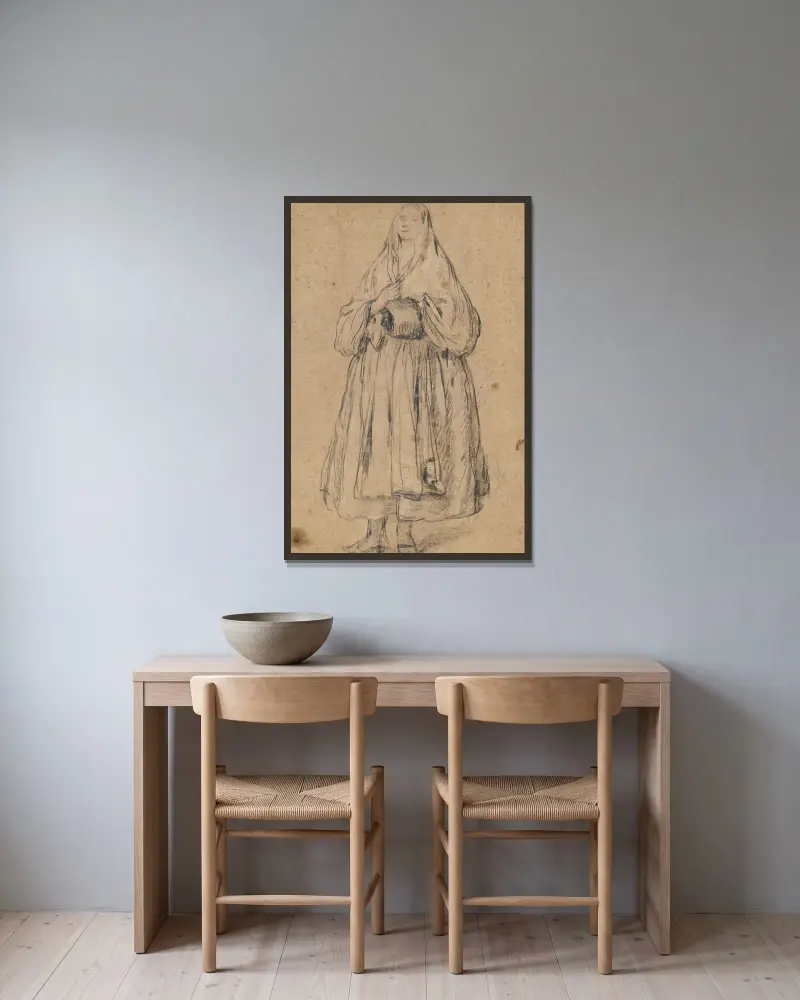 Stående kvinna med muff, svagt vänd åt vänster av Pietro Longhi inramad på en vägg