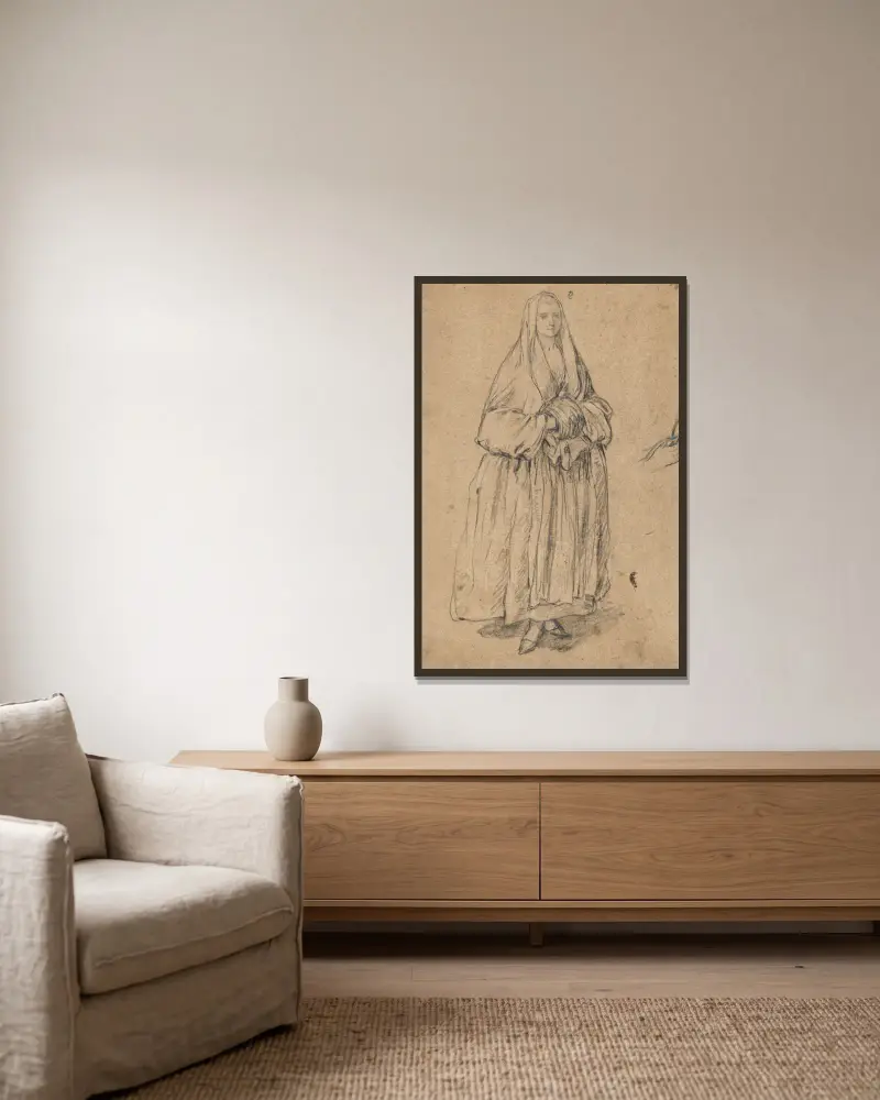 Stående kvinna med muff, vänd något åt höger av Pietro Longhi inramad på en vägg