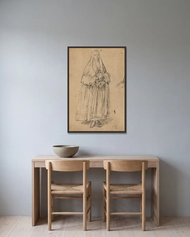 Stående kvinna med muff, vänd något åt höger av Pietro Longhi inramad på en vägg