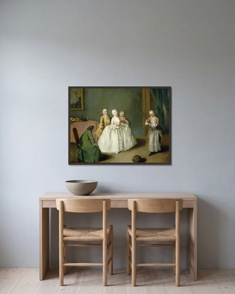 Kokerskans lek av Pietro Longhi inramad på en vägg