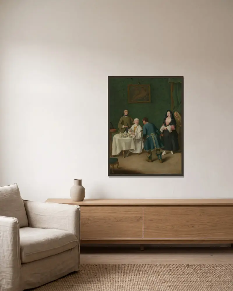 The Temptation av Pietro Longhi inramad på en vägg