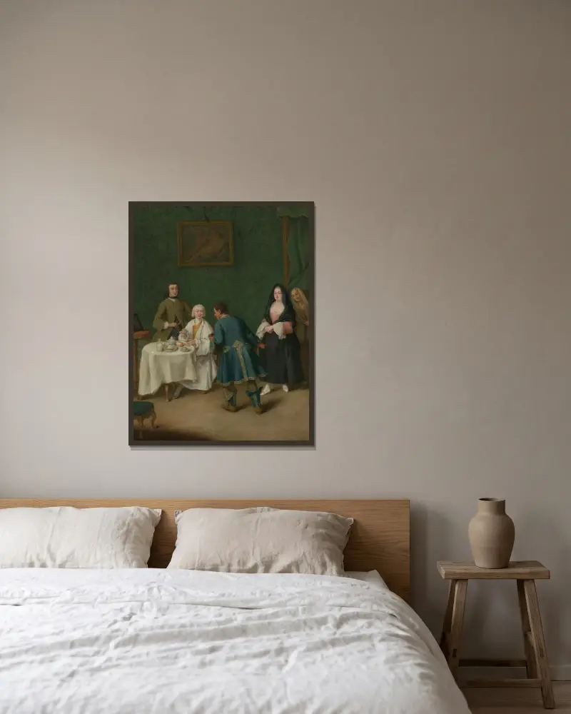 The Temptation av Pietro Longhi inramad på en vägg