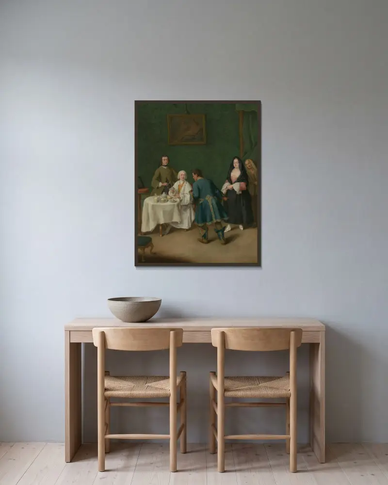 The Temptation av Pietro Longhi inramad på en vägg