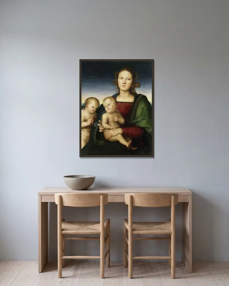 Madonna mit Kind und dem Johannesknaben von Pietro Perugino gerahmt an einer Wand