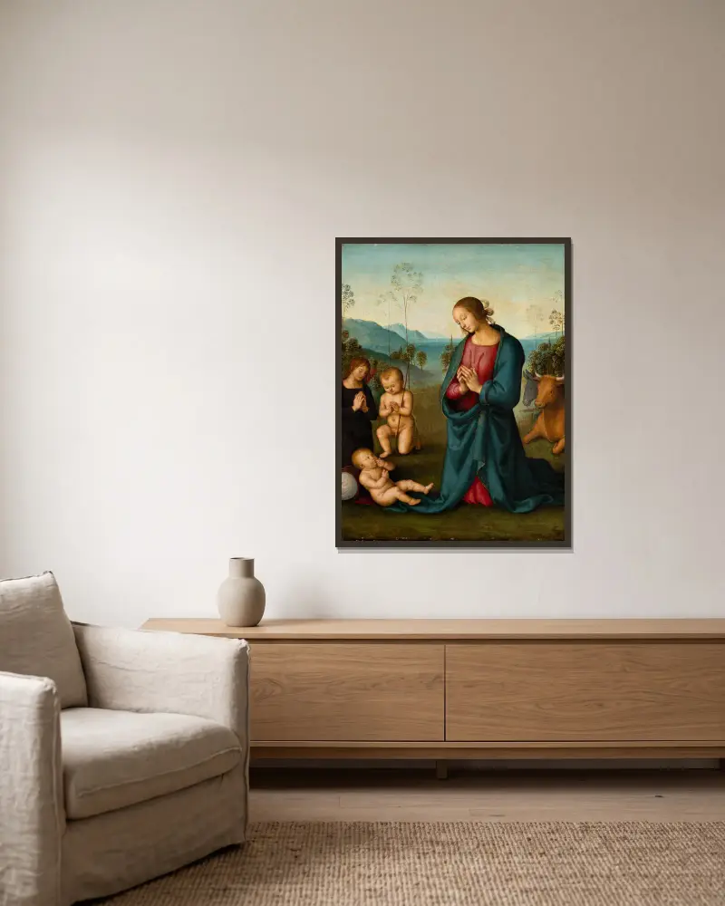 Madonnan, den lille Johannes och en ängel tillber Kristusbarnet av Pietro Perugino inramad på en vägg