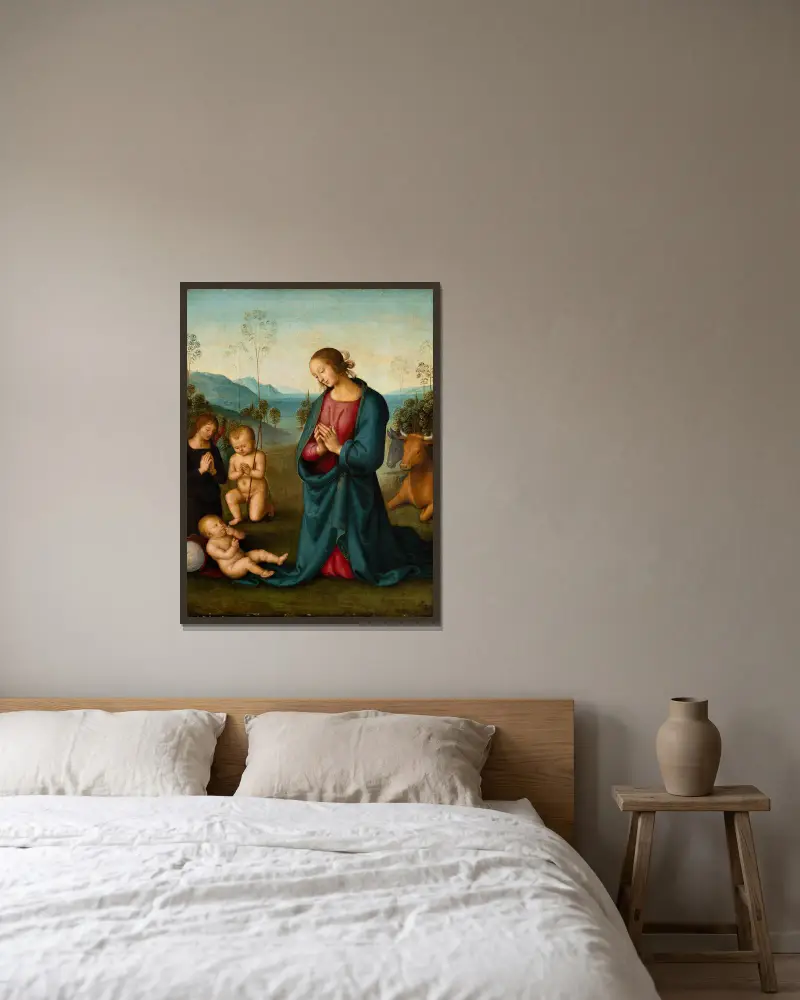 Madonnan, den lille Johannes och en ängel tillber Kristusbarnet av Pietro Perugino inramad på en vägg