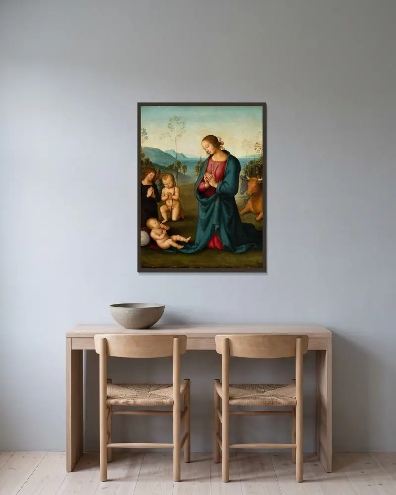 Madonnan, den lille Johannes och en ängel tillber Kristusbarnet av Pietro Perugino inramad på en vägg