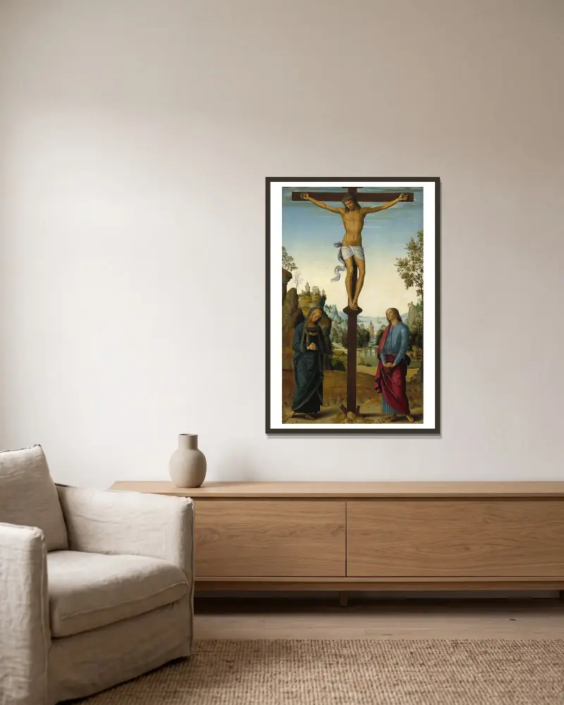 Korsfästelsen med Jungfru Maria, Johannes, Hieronymus och Maria Magdalena av Pietro Perugino inramad på en vägg