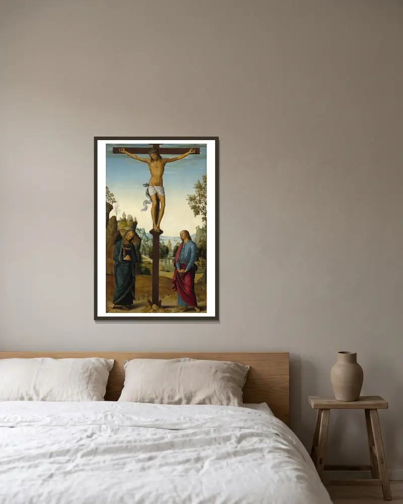 Korsfästelsen med Jungfru Maria, Johannes, Hieronymus och Maria Magdalena av Pietro Perugino inramad på en vägg