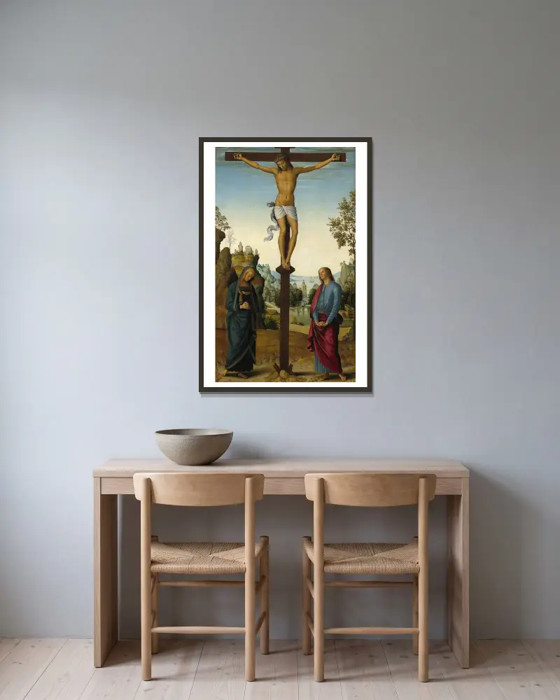 Korsfästelsen med Jungfru Maria, Johannes, Hieronymus och Maria Magdalena av Pietro Perugino inramad på en vägg