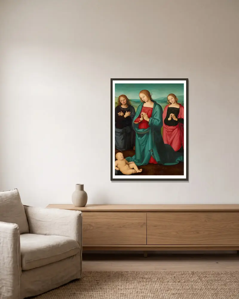 Jungfrun och helgonen tillber Kristusbarnet av Pietro Perugino inramad på en vägg