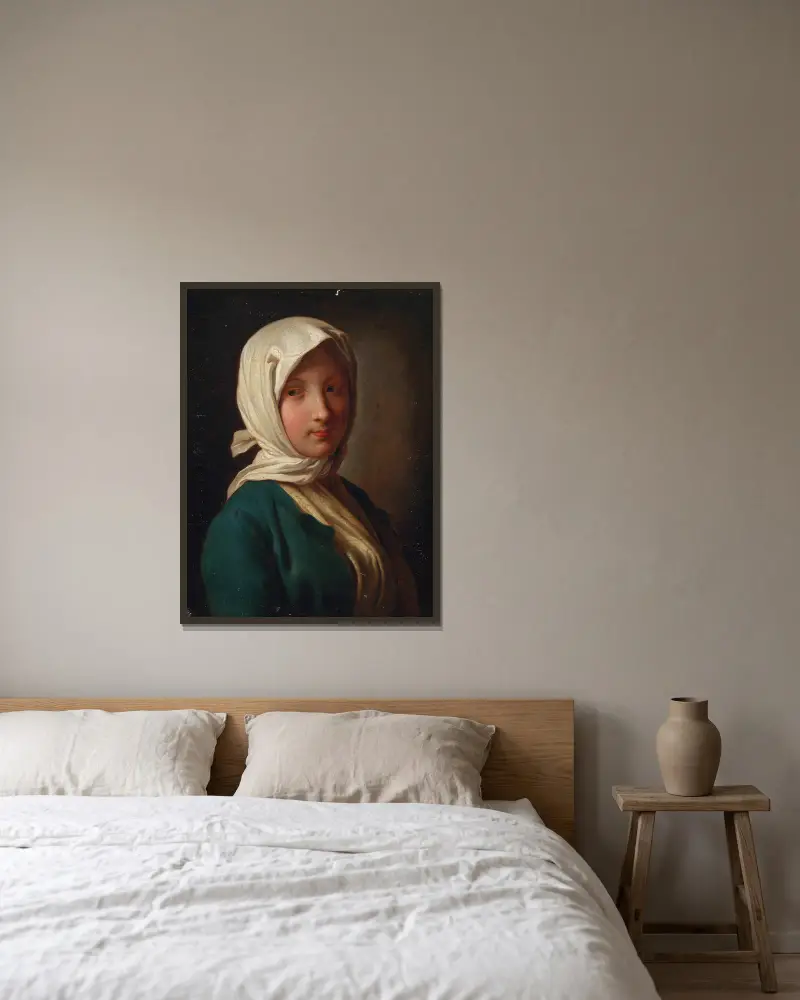 Flicka i blå jacka och vit huvudduk av Pietro Rotari inramad på en vägg