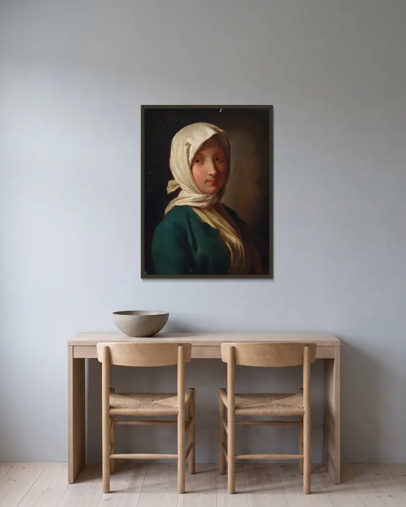 Flicka i blå jacka och vit huvudduk av Pietro Rotari inramad på en vägg