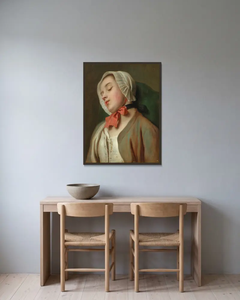 Ung kvinna sovande i en stol av Pietro Rotari inramad på en vägg