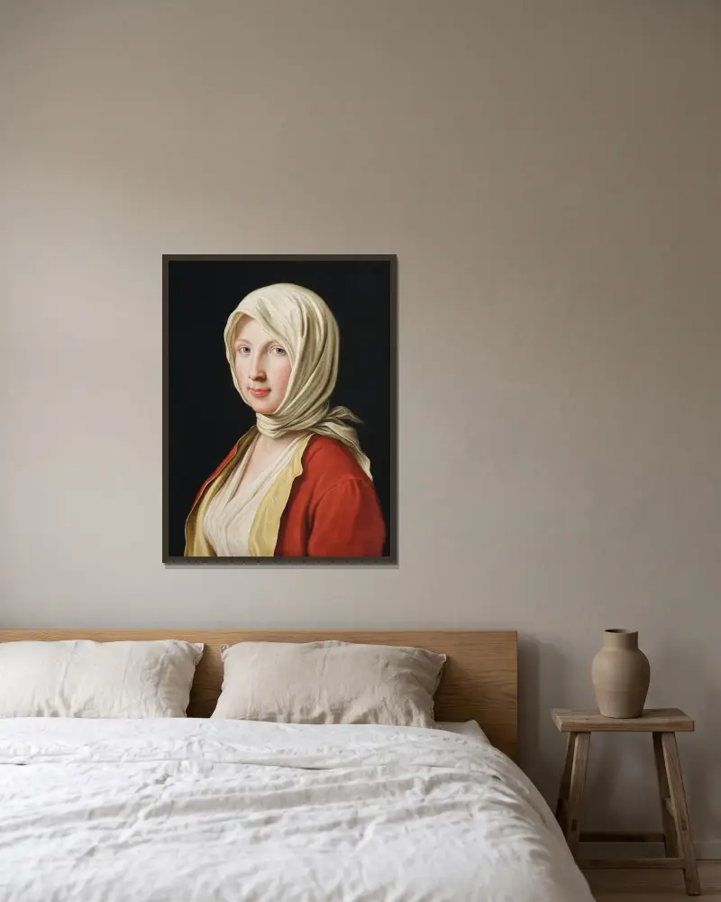 Porträtt av en flicka i vit huvudduk av Pietro Rotari inramad på en vägg