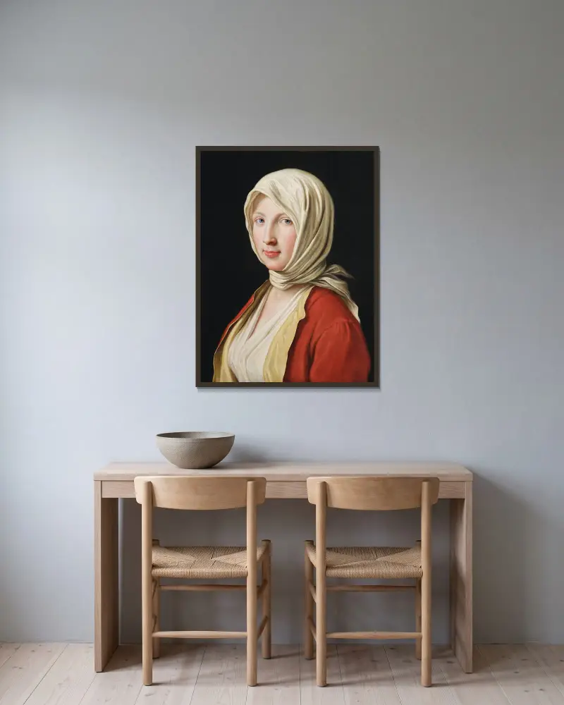 Porträtt av en flicka i vit huvudduk av Pietro Rotari inramad på en vägg