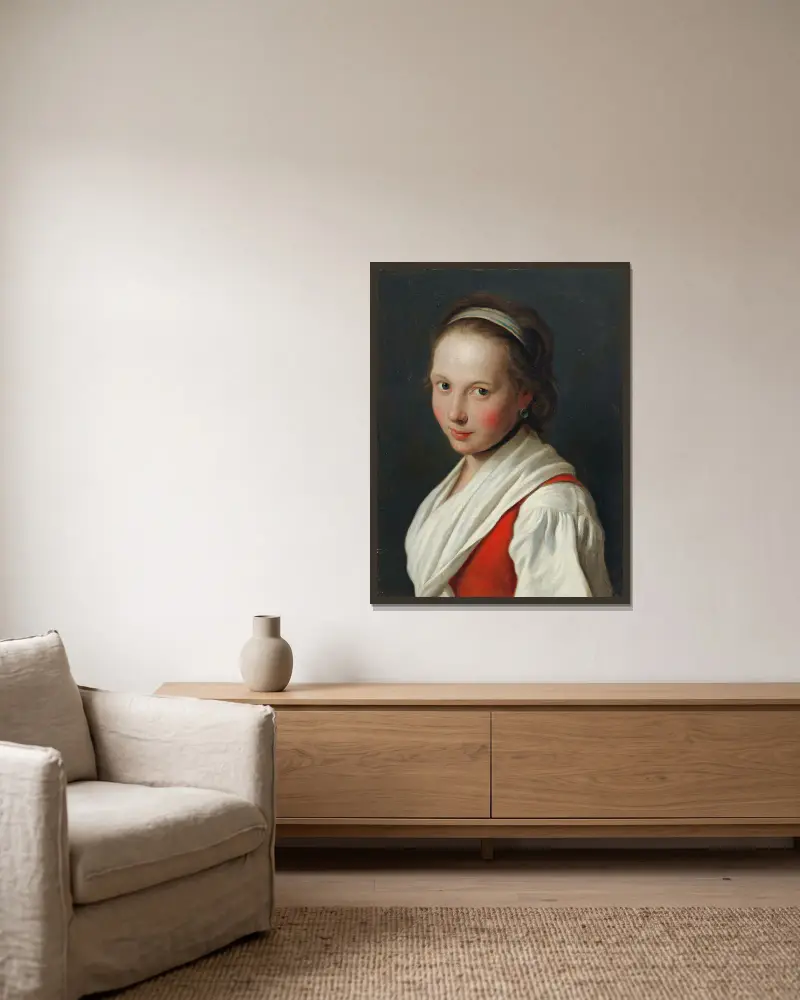 Porträtt av en ung kvinna med hårband av Pietro Rotari inramad på en vägg