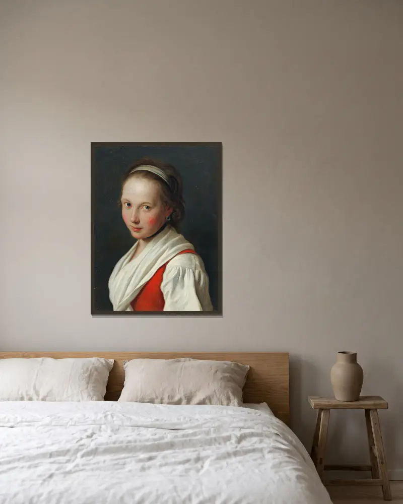 Porträtt av en ung kvinna med hårband av Pietro Rotari inramad på en vägg