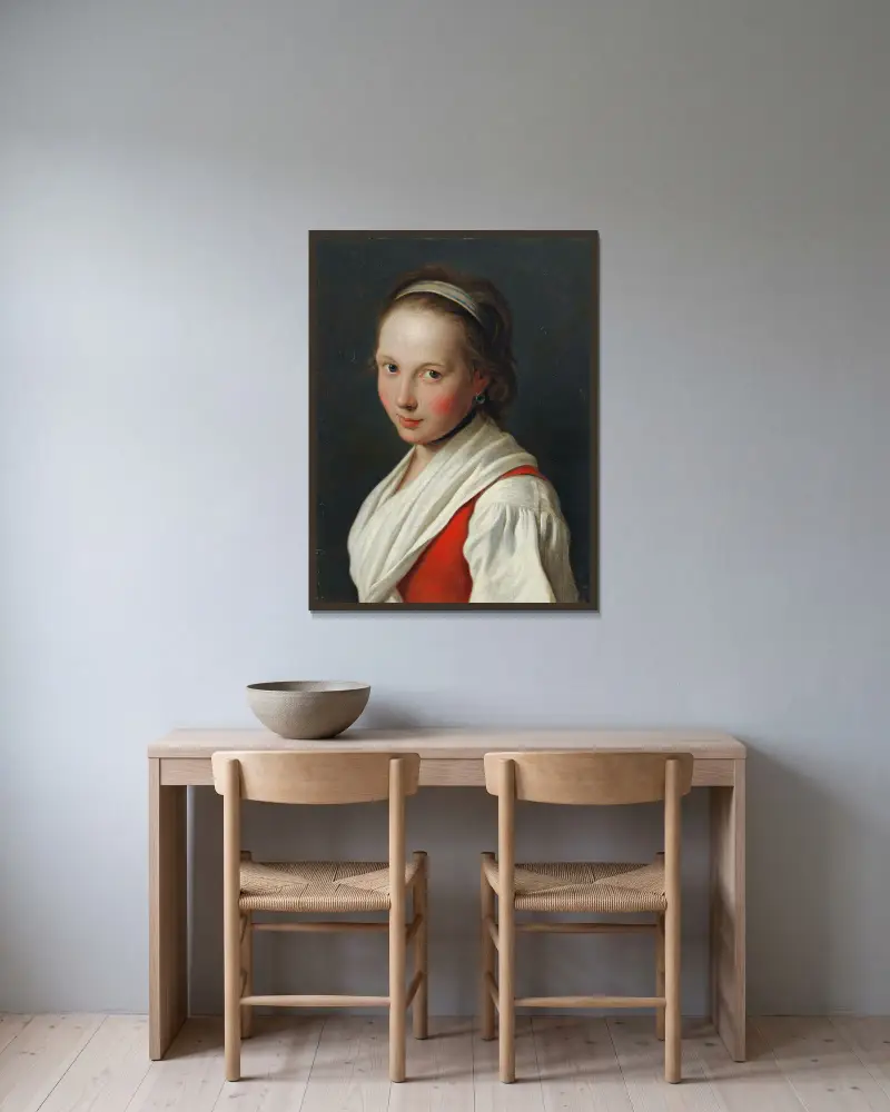 Porträtt av en ung kvinna med hårband av Pietro Rotari inramad på en vägg