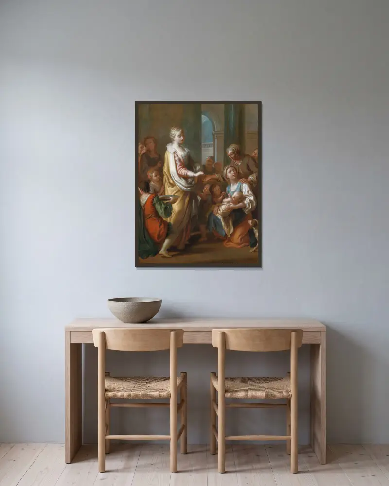 St. Elisabeth Distributes Alms av Pietro Rotari inramad på en vägg
