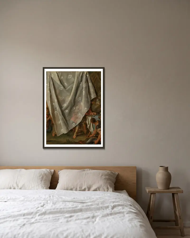 Mötet mellan Alexander den store och Roxana, bakom en trompe l'oeil-förhäng av Pietro Rotari inramad på en vägg