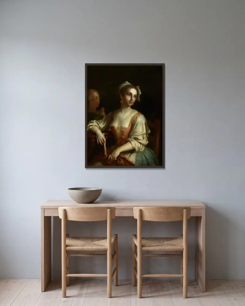 Frau mit Fächer und Frau mit Rose von Pietro Rotari gerahmt an einer Wand