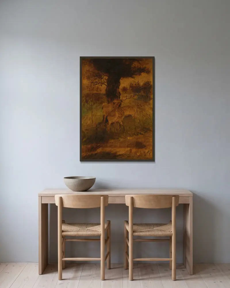 A Stag and Two Does av Albert Pinkham Ryder inramad på en vägg