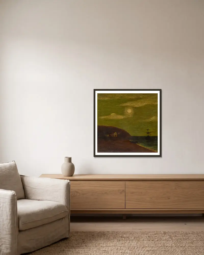 Seascape av Albert Pinkham Ryder inramad på en vägg