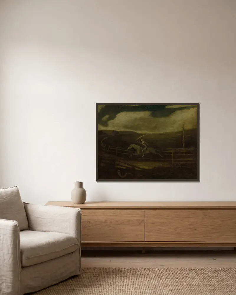 The Race Track (Death on a Pale Horse) av Albert Pinkham Ryder inramad på en vägg