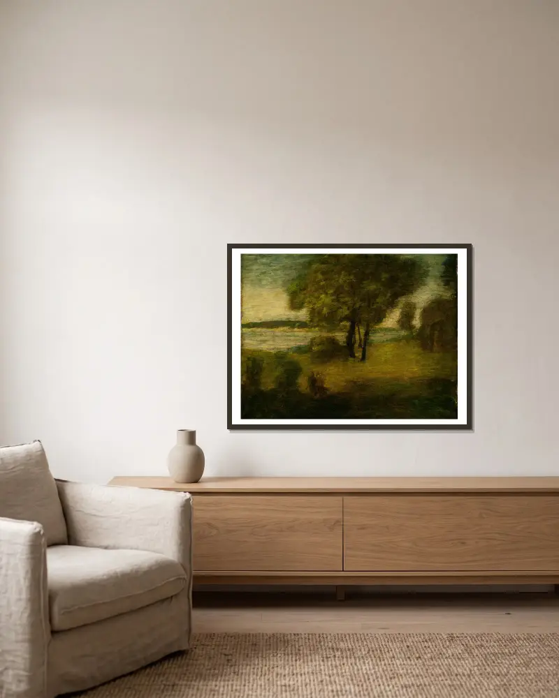 The River av Albert Pinkham Ryder inramad på en vägg