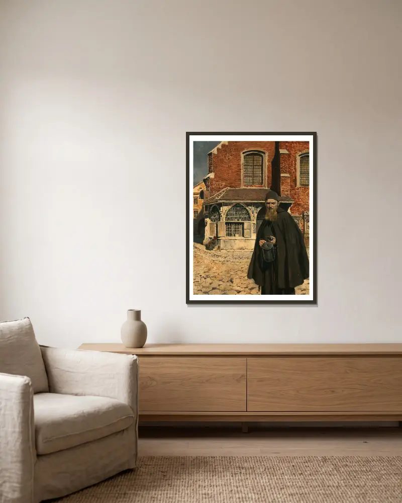 Almosen sammeln von Piotr Stachiewicz gerahmt an einer Wand