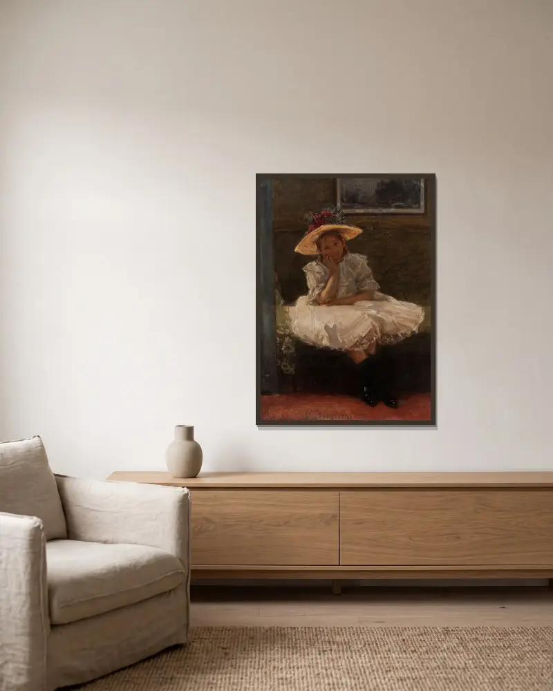 Girl in a hat av Władysław Podkowiński inramad på en vägg