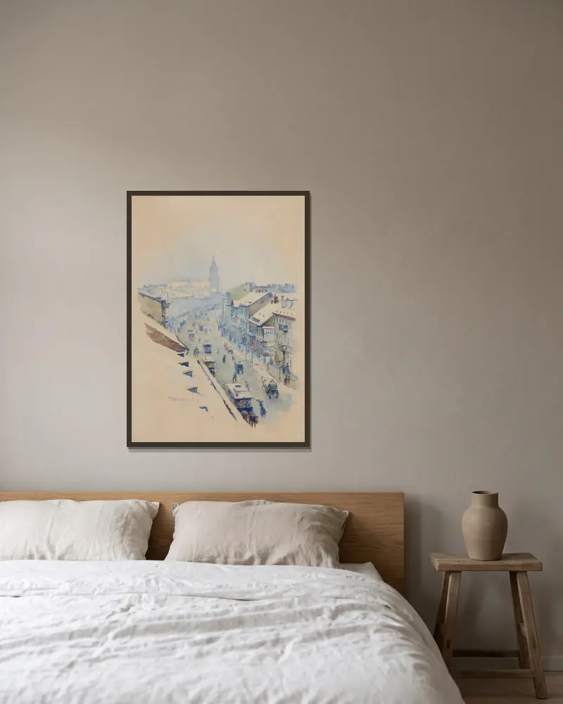 Blick auf den Nowy Świat in Warschau im Winter von Władysław Podkowiński gerahmt an einer Wand
