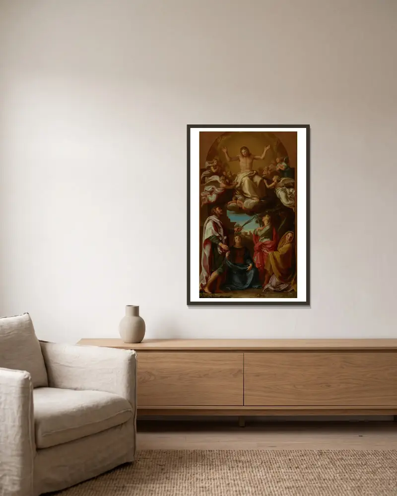 Kristus i härlighet med helgonen Celsus, Julianus, Marcionilla och Basilissa av Pompeo Batoni inramad på en vägg